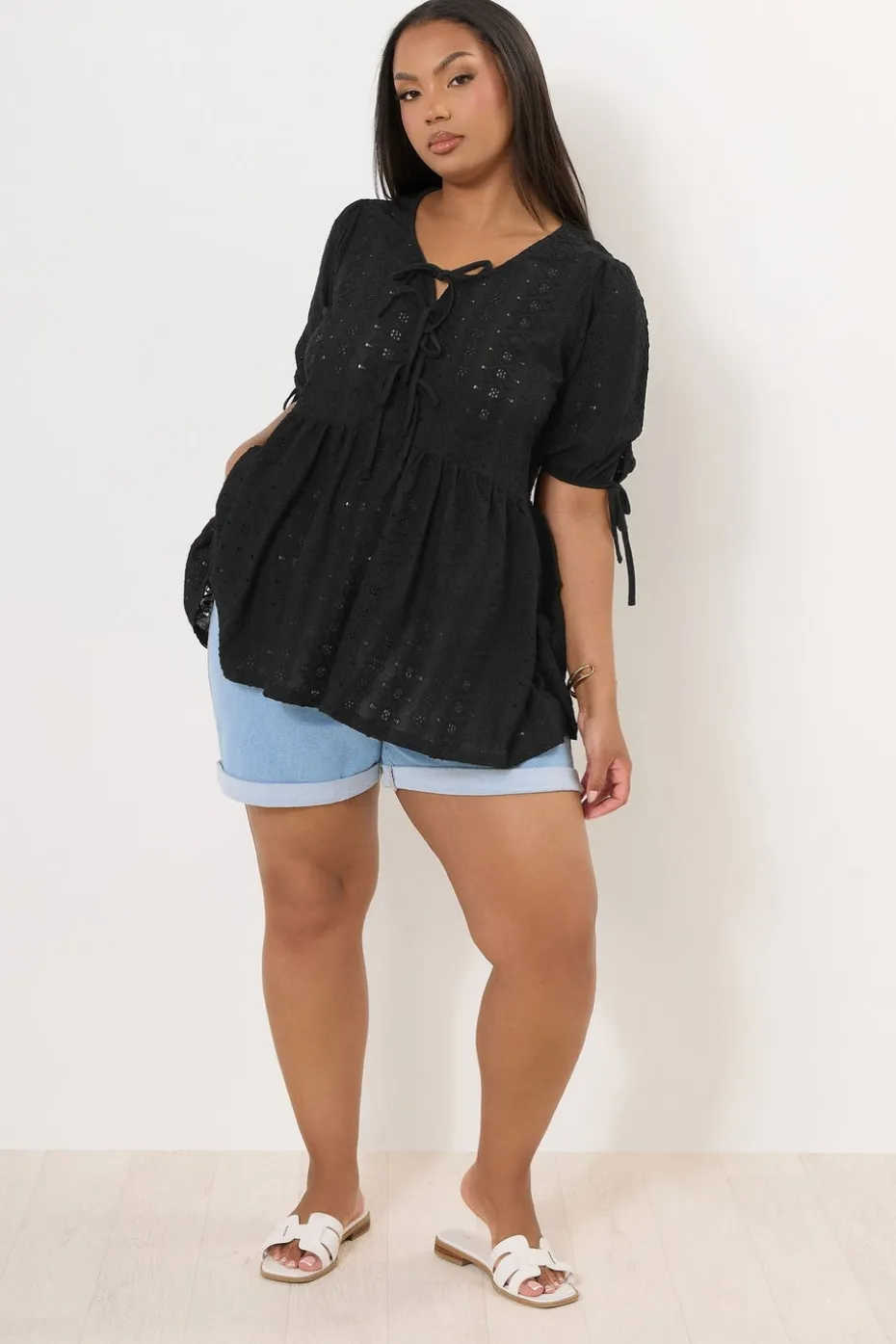 Yours Curve Black Broderie Anglaise Bow Tie Front Peplum Top