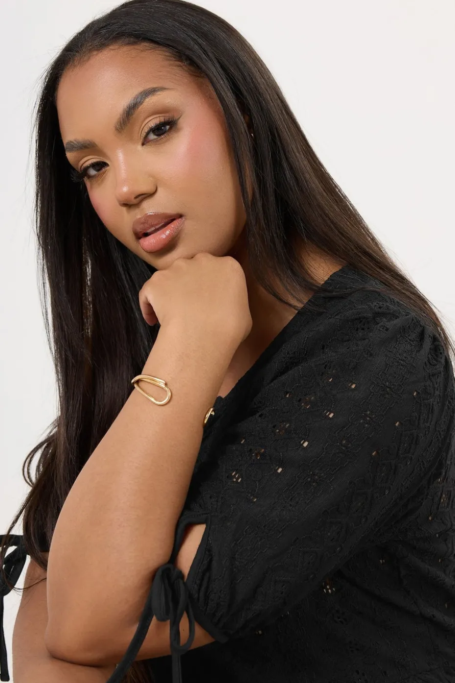 Yours Curve Black Broderie Anglaise Bow Tie Front Peplum Top