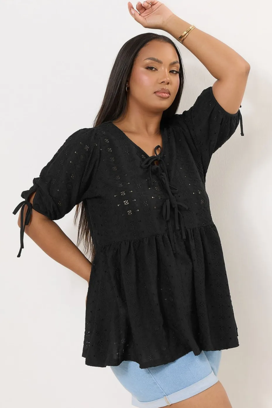 Yours Curve Black Broderie Anglaise Bow Tie Front Peplum Top