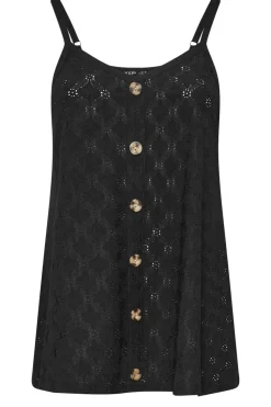 Yours Curve Black Broderie Anglaise Button Vest Top
