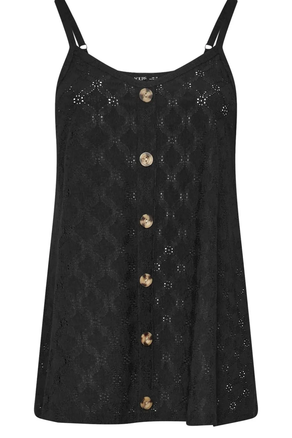 Yours Curve Black Broderie Anglaise Button Vest Top