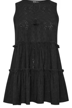Yours Curve Black Broderie Anglaise Tiered Vest Top