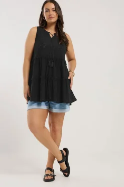 Yours Curve Black Broderie Anglaise Tiered Vest Top