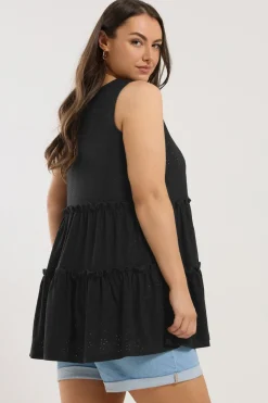 Yours Curve Black Broderie Anglaise Tiered Vest Top