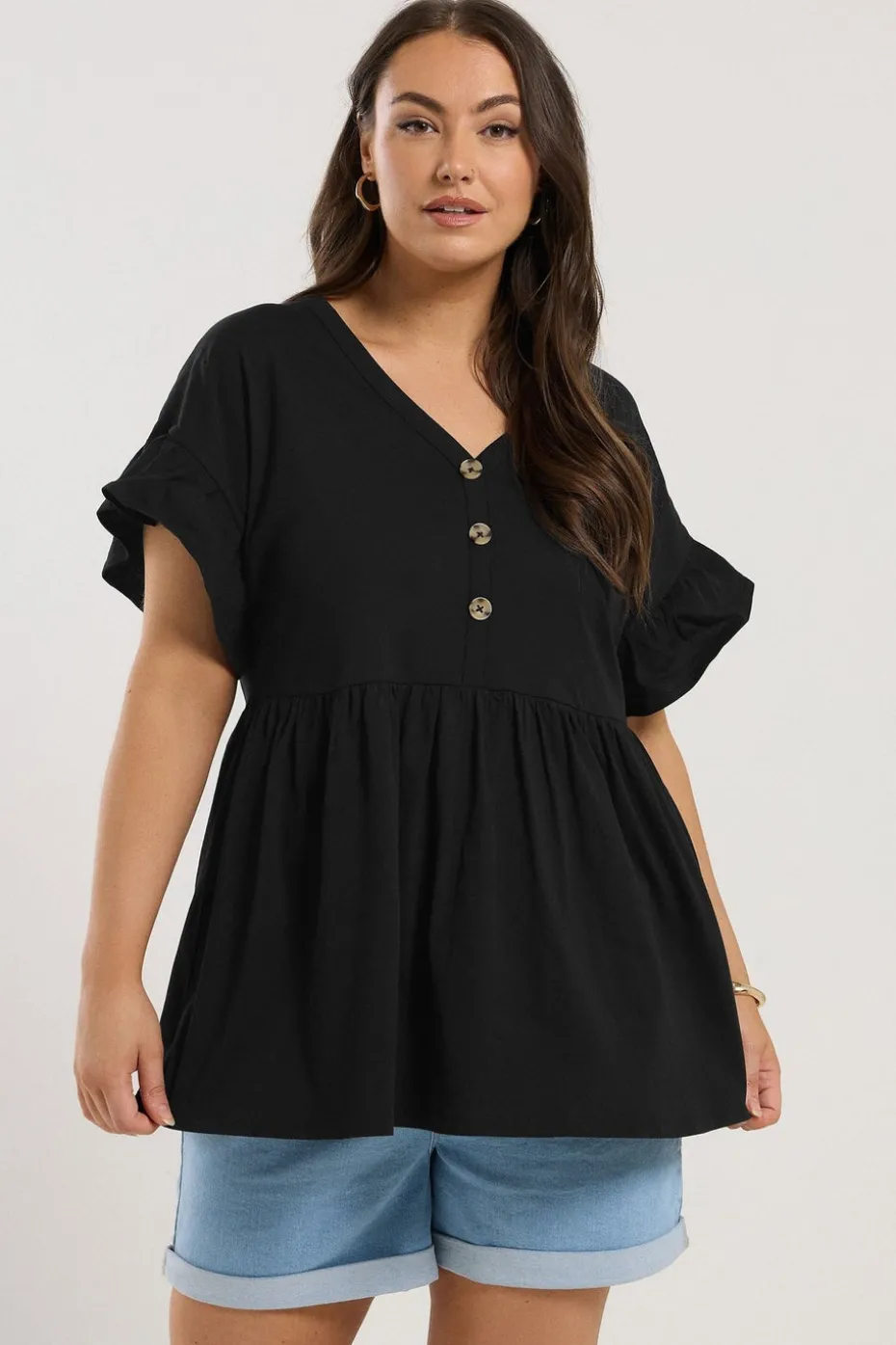 Yours Curve Black Button Frill Sleeve Peplum Top