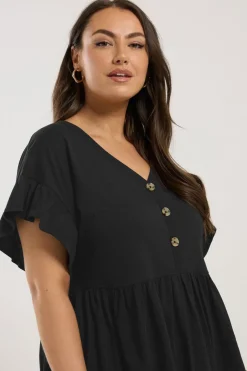 Yours Curve Black Button Frill Sleeve Peplum Top