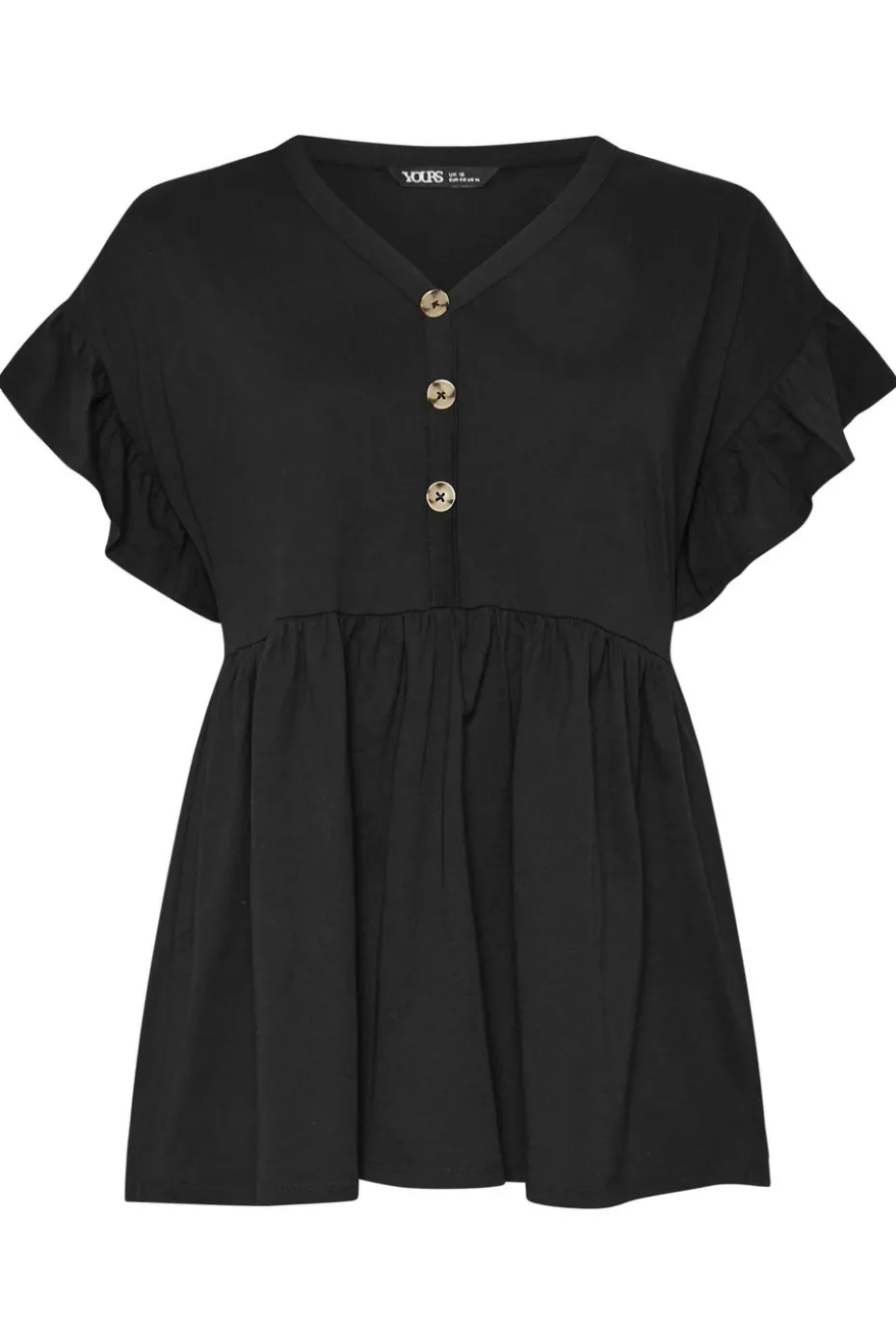 Yours Curve Black Button Frill Sleeve Peplum Top