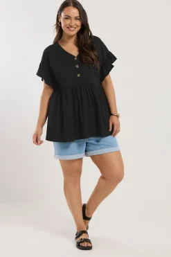 Yours Curve Black Button Frill Sleeve Peplum Top