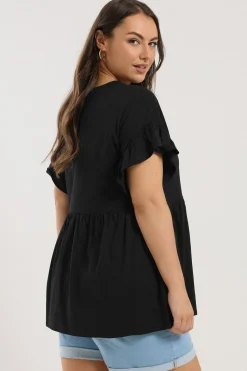 Yours Curve Black Button Frill Sleeve Peplum Top