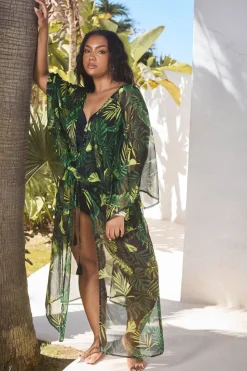 Yours Curve Black Chiffon Tropical Palm Print Maxi Kimono