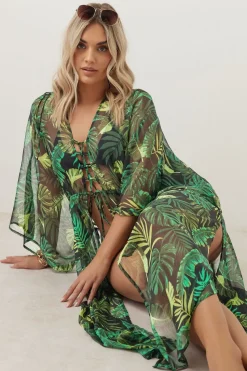 Yours Curve Black Chiffon Tropical Palm Print Maxi Kimono