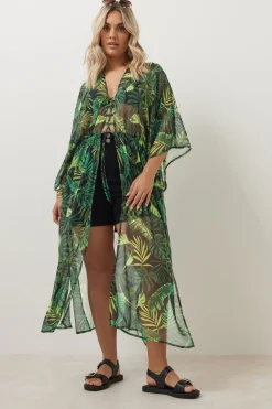Yours Curve Black Chiffon Tropical Palm Print Maxi Kimono