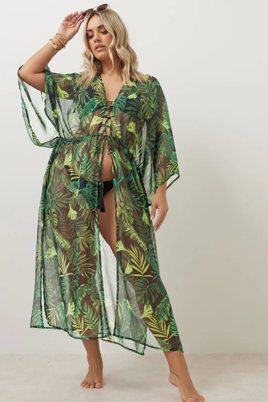 Yours Curve Black Chiffon Tropical Palm Print Maxi Kimono