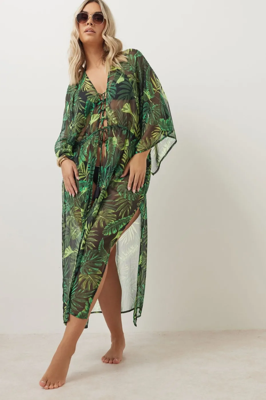 Yours Curve Black Chiffon Tropical Palm Print Maxi Kimono