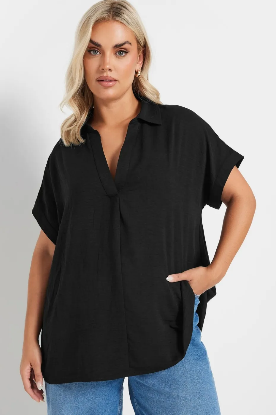 Yours Curve Black Collared Pleat Front Blouse