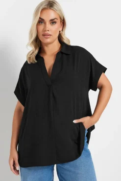 Yours Curve Black Collared Pleat Front Blouse