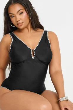 Yours Curve Black Contrast Blanket Stitch Plunge Swimsuit