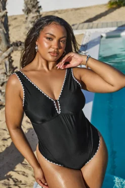 Yours Curve Black Contrast Blanket Stitch Plunge Swimsuit