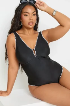 Yours Curve Black Contrast Blanket Stitch Plunge Swimsuit
