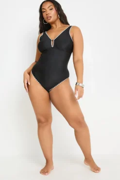 Yours Curve Black Contrast Blanket Stitch Plunge Swimsuit
