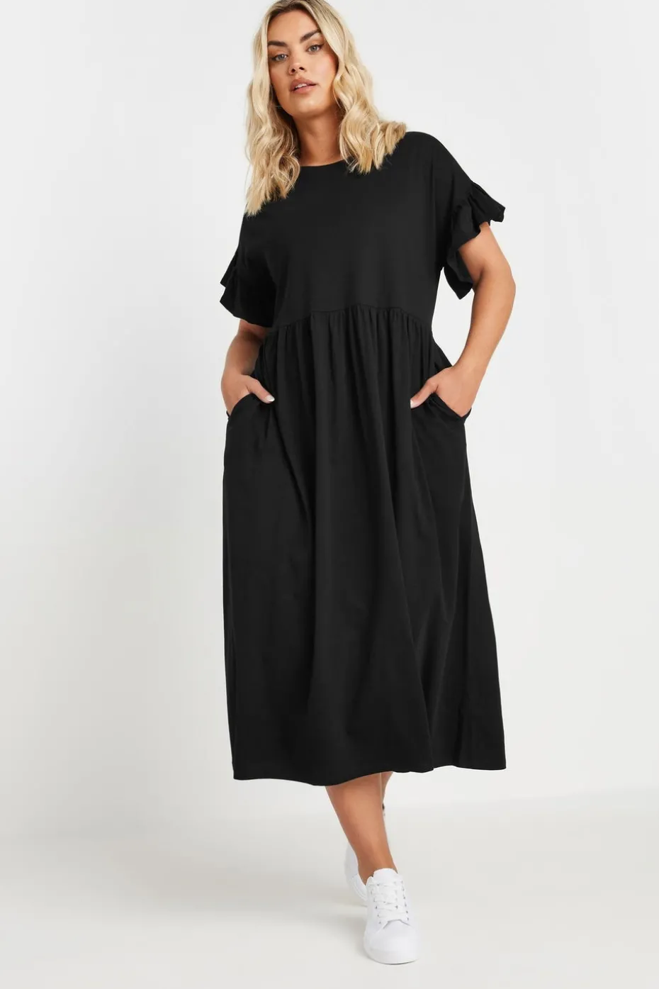 Yours Curve Black Cotton Frill Sleeve Midaxi Dress