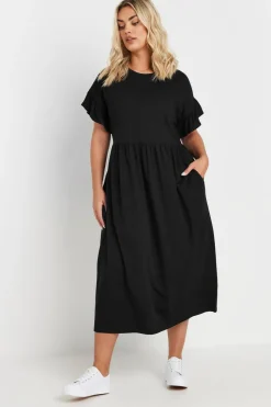 Yours Curve Black Cotton Frill Sleeve Midaxi Dress