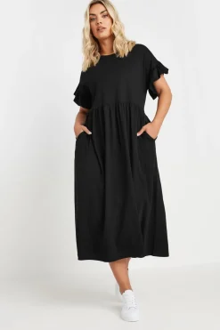 Yours Curve Black Cotton Frill Sleeve Midaxi Dress