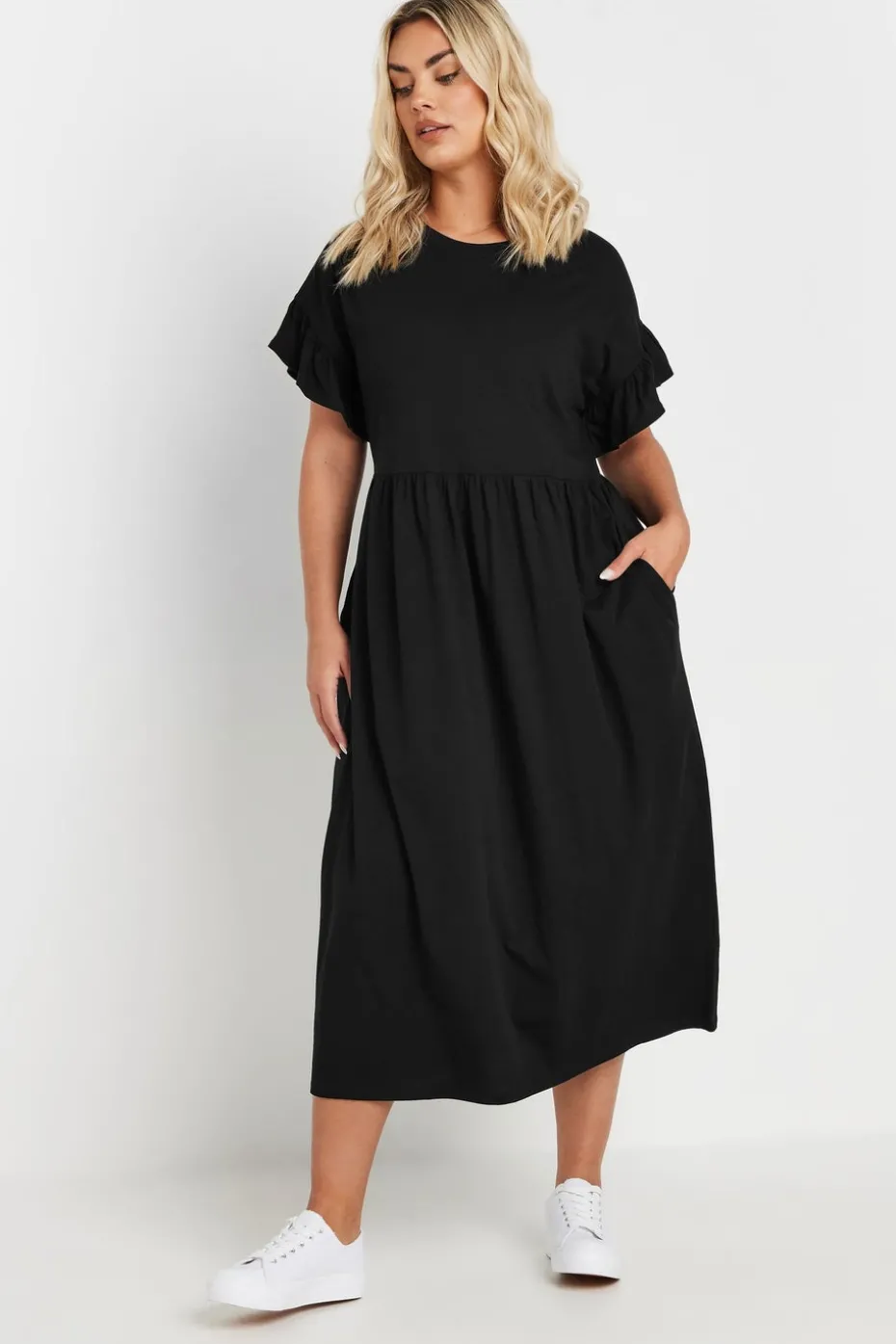 Yours Curve Black Cotton Frill Sleeve Midaxi Dress