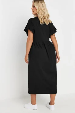 Yours Curve Black Cotton Frill Sleeve Midaxi Dress