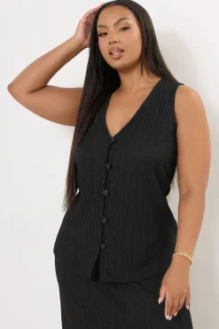 Yours Curve Black Crinkle Plisse Waistcoat