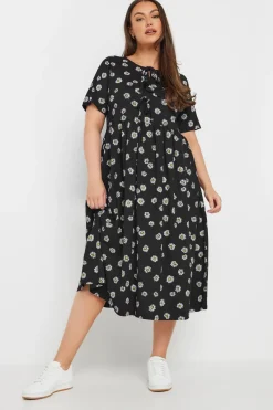 Yours Curve Black Daisy Print Bow Tie Front Dress