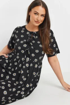 Yours Curve Black Daisy Print Bow Tie Front Dress