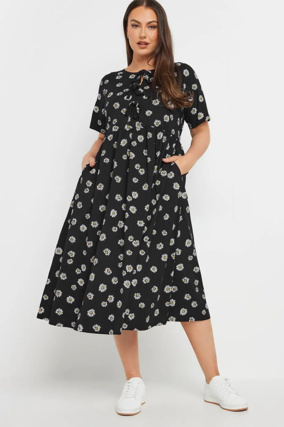 Yours Curve Black Daisy Print Bow Tie Front Dress