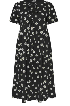 Yours Curve Black Daisy Print Bow Tie Front Dress