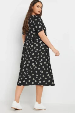 Yours Curve Black Daisy Print Bow Tie Front Dress