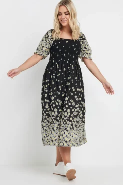 Yours Curve Black Daisy Print Shirred Midi Dress