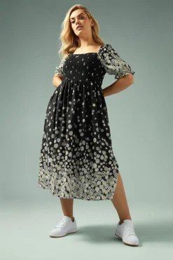 Yours Curve Black Daisy Print Shirred Midi Dress