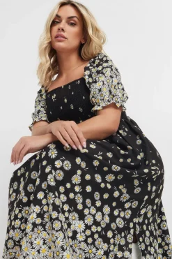 Yours Curve Black Daisy Print Shirred Midi Dress