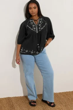 Yours Curve Black Embroidered Tie Front Blouse