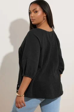 Yours Curve Black Embroidered Tie Front Blouse