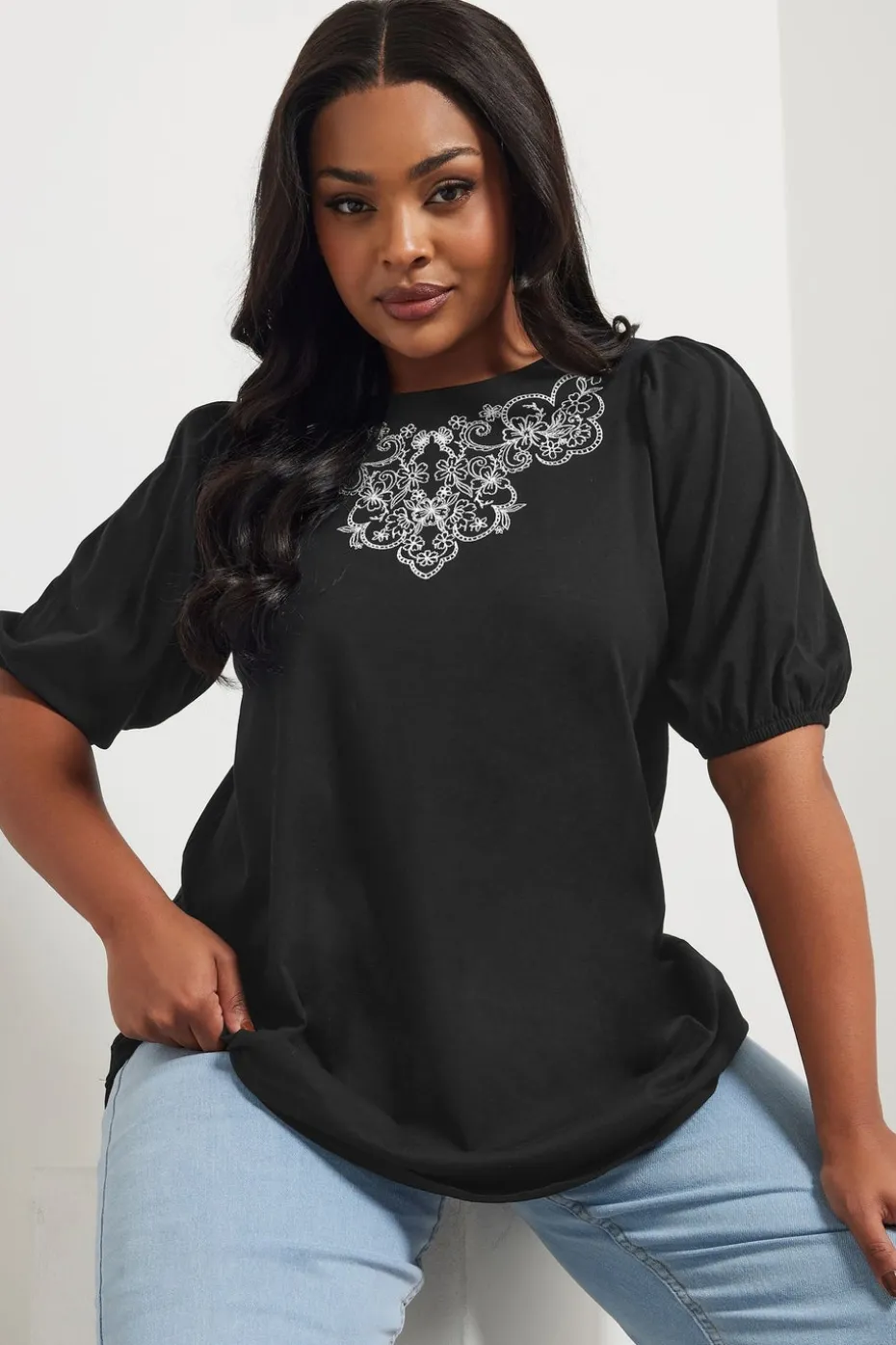 Yours Curve Black Floral Embroidered Top
