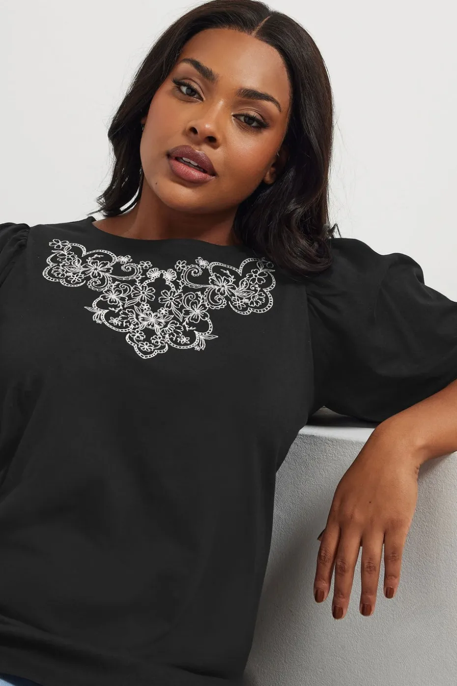 Yours Curve Black Floral Embroidered Top