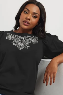 Yours Curve Black Floral Embroidered Top