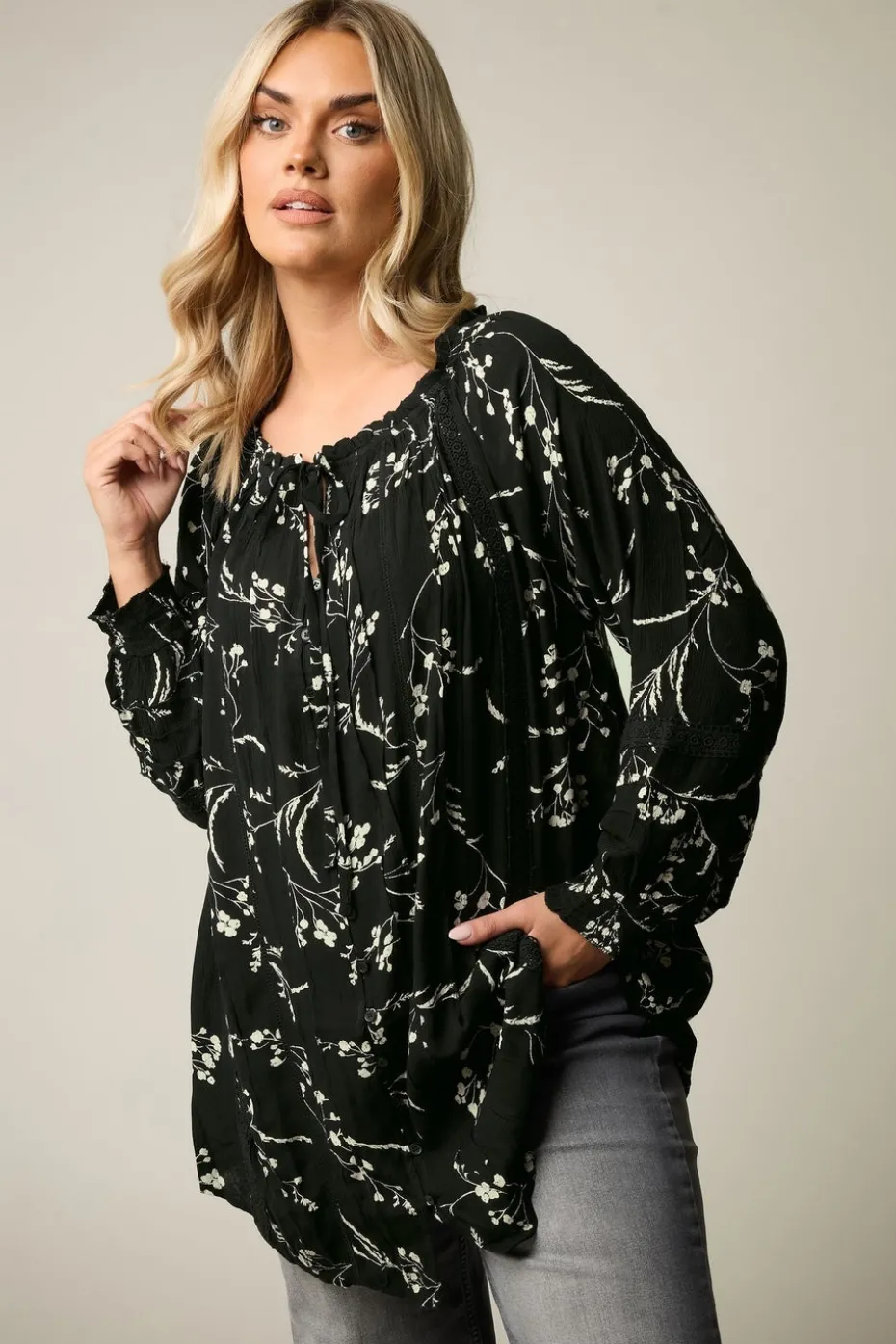 Yours Curve Black Floral Tie Neck Pintuck Top