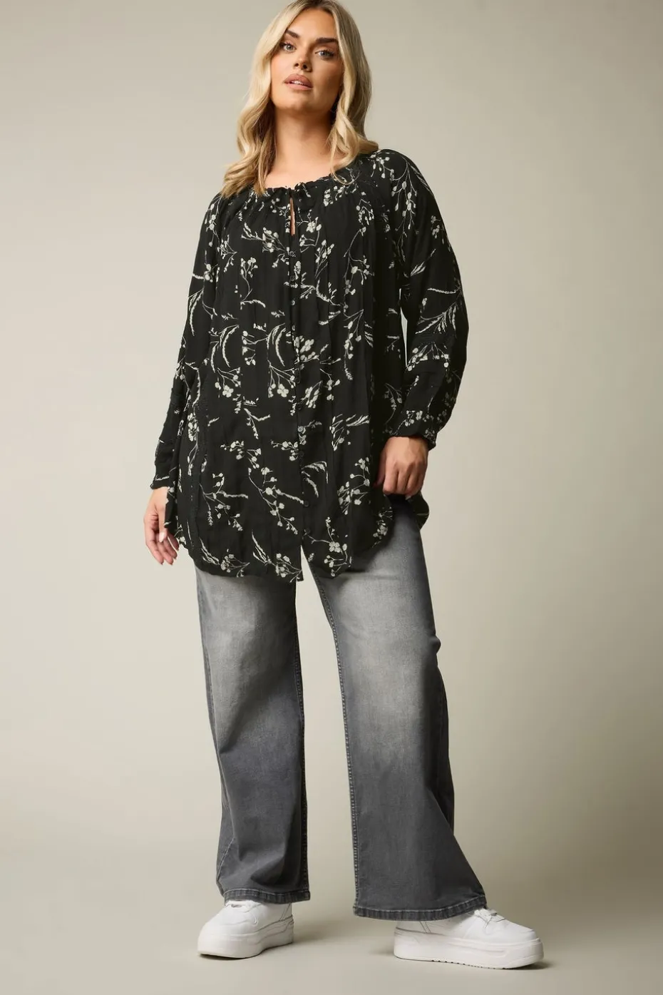 Yours Curve Black Floral Tie Neck Pintuck Top