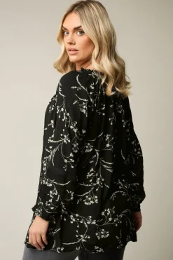 Yours Curve Black Floral Tie Neck Pintuck Top