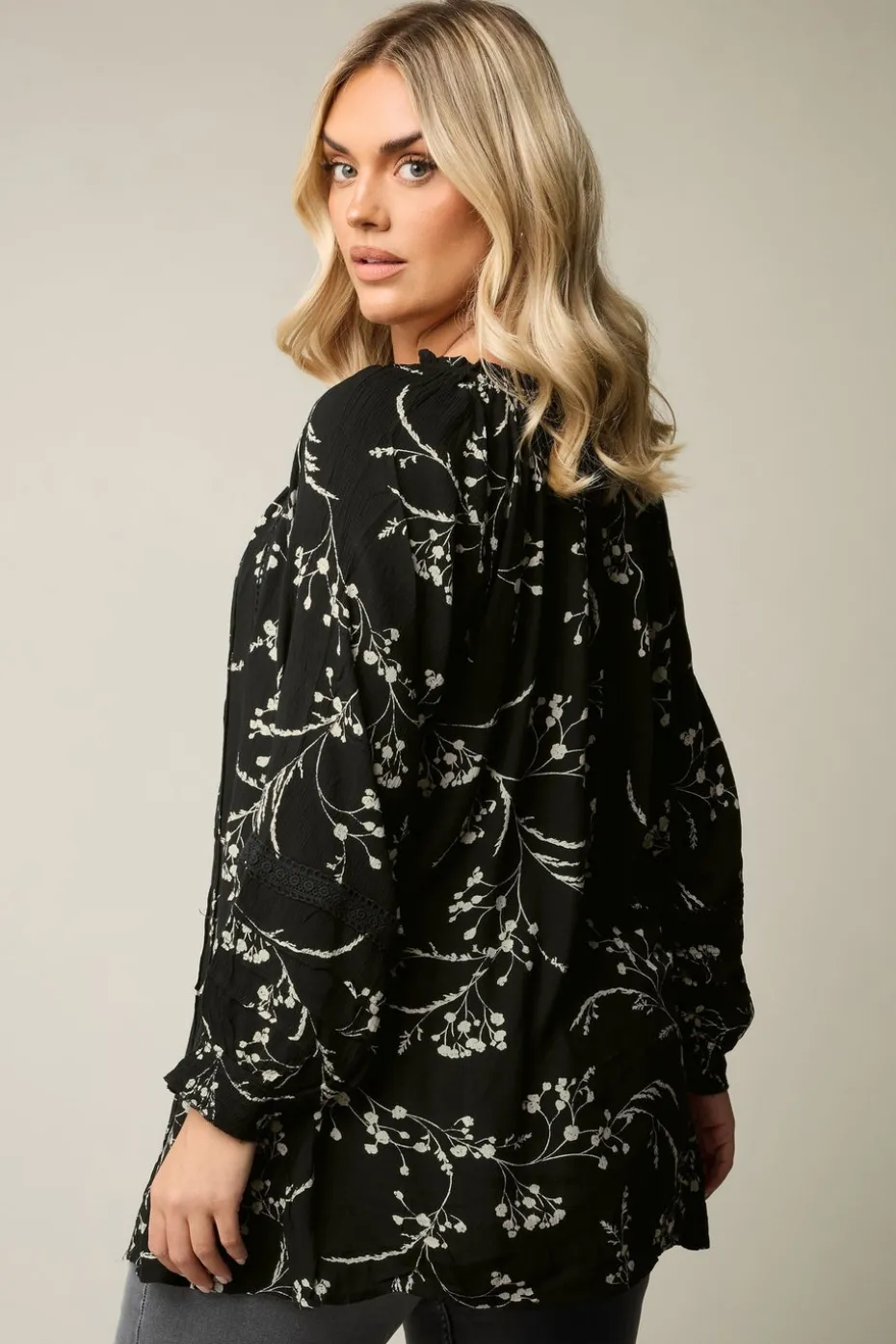 Yours Curve Black Floral Tie Neck Pintuck Top