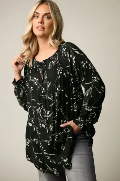 Yours Curve Black Floral Tie Neck Pintuck Top