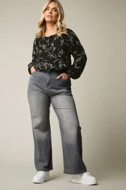 Yours Curve Black Floral Tie Neck Pintuck Top