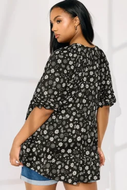 Yours Curve Black Floral Paisley Print Tiered Top
